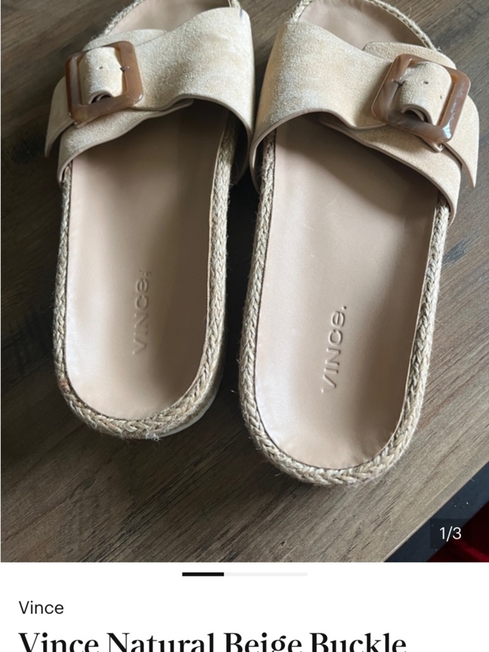 Vince Beige Buckle Espadrille Slide Sandals